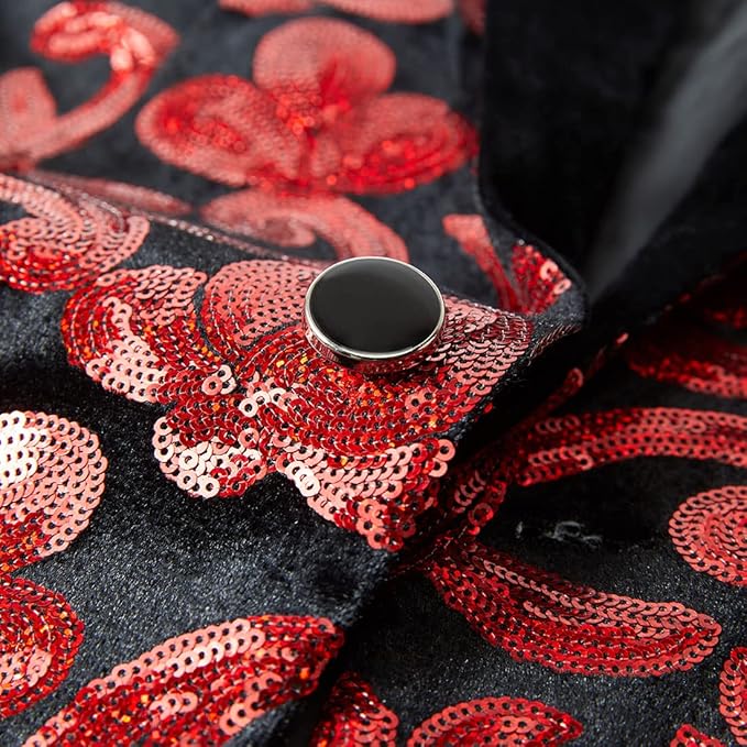 Men Fashion Velvet Sequins Floral Pattern Suit Jacket Blazer