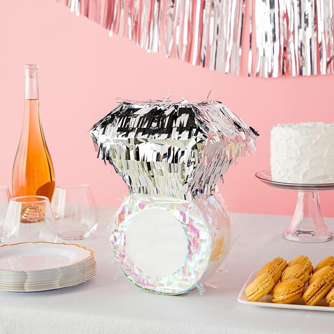 Juvale Diamond Ring Pinata - Interactive Bridal Shower Games - Bachelorette Party Decor & Accessories - Durable Metallic Finish for Engagement Party Decor - 7.2 x 7.1 x 11 in, Silver & Pink
