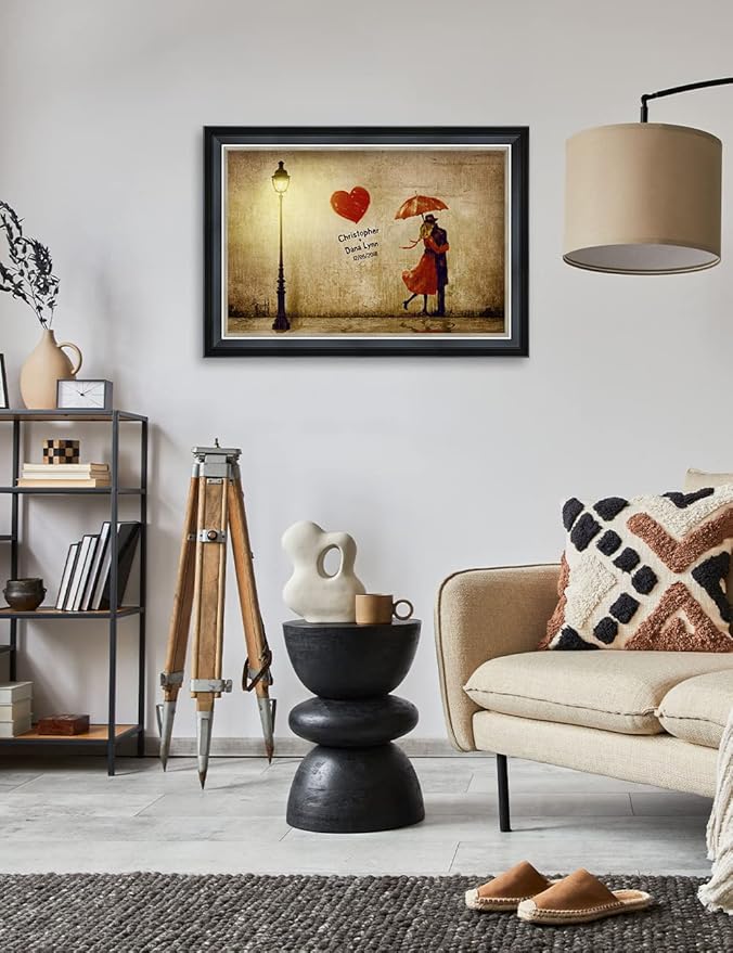 IPIC - Our First Kiss Personalized Framed Wall Art with Names and Date on, Giclee Prints with Solid Wood, Custom Gifts for Anniversary. Total Framed Size: 27.25" W x 19.25" H