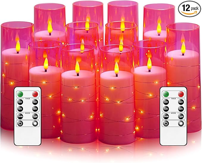 Flameless Candles with Embedded Star String - Battery Operated LED Candles, with Remote,12 Pink Flickering Candles for Christmas, Weddings, Home Decor & Party,(D 2.3"×H 5" 6" 7")