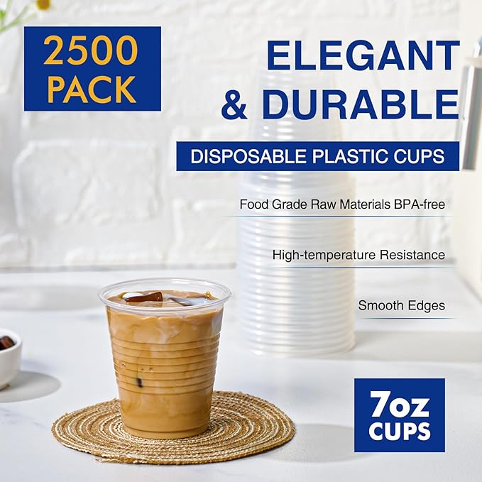 Turbo Bee 2500Pack 7oz Plastic Cups Disposable,Drinking Cups, Clear Plastic Tumblers for Birthday Parties, Picnics, Ceremonies, and Weddings