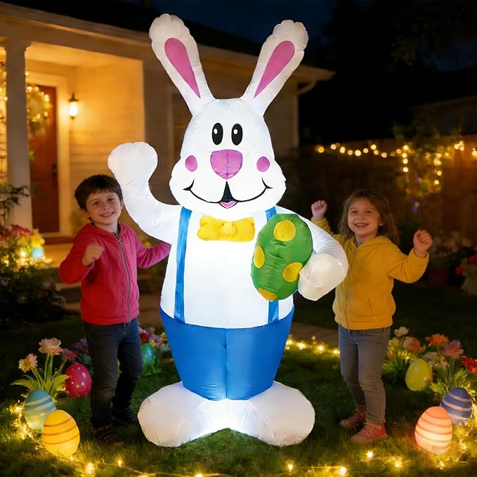 Dearsun 6.2FT Easter Inflatable Bunny Blow up Outdoor Yard Decorations Giant Bunny Holding Easter Egg with LED Lights for Holiday Party Indoor Outdoor Decor