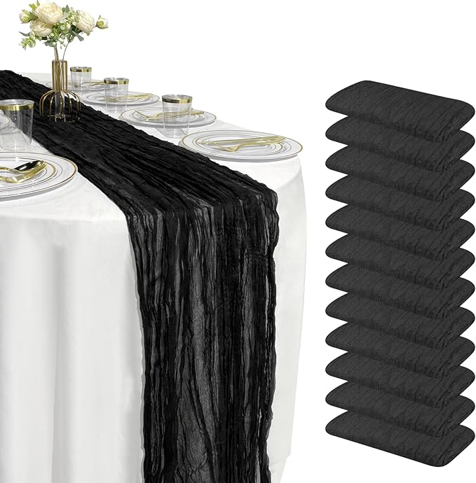 12 Pack 10FT Cheesecloth Table Runner 120 Inch Rustic Boho Gauze Cheese Cloth Table Runner for Wedding Baby Shower Bridal Shower Birthday Party Home Decorations (Black, 10ft x 12pcs)