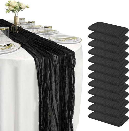 12 Pack 10FT Cheesecloth Table Runner 120 Inch Rustic Boho Gauze Cheese Cloth Table Runner for Wedding Baby Shower Bridal Shower Birthday Party Home Decorations (Black, 10ft x 12pcs)