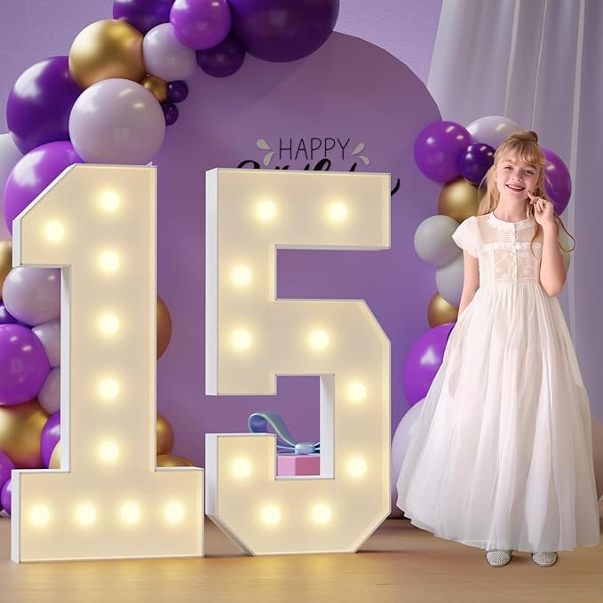Marquee Numbers 15th-Birthday Large Decorations: 4ft Light Up Numbers 15 Birthday Sign for Boy Girl Quinceanera Fifteen Year Old Anniversary Mosaic Party Decor Backdrop Big Foam Board Number 15