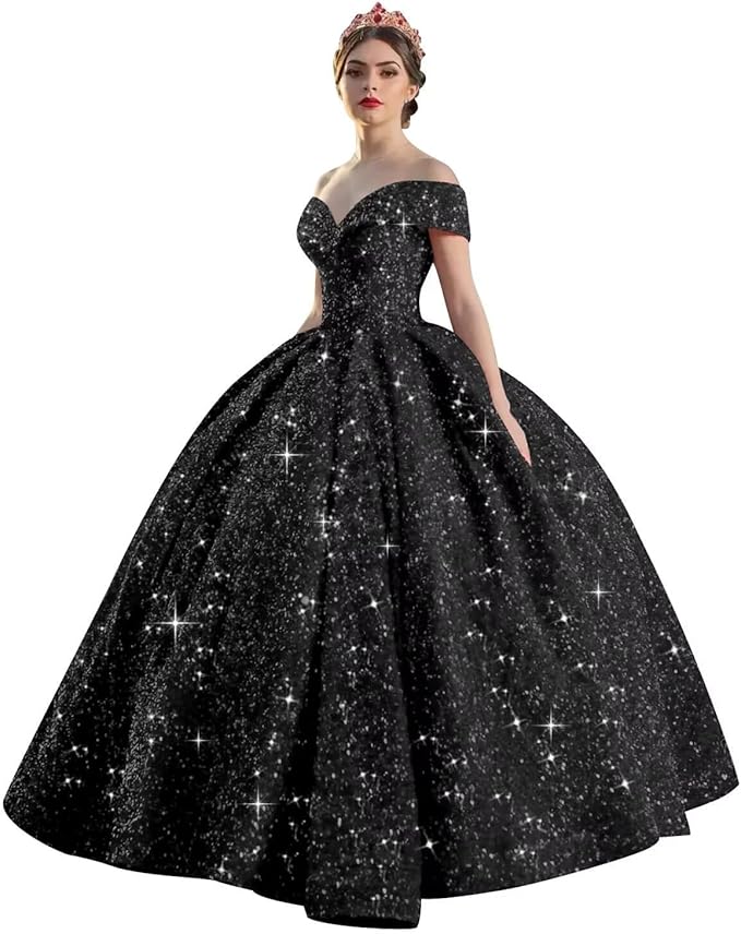 Quinceanera Dress Long Ball Gown Sparkly Sequin Off Shoulder V Neck Prom Dresses