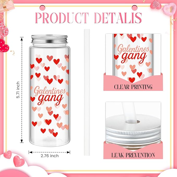 LemonRoad 24 Pcs Galentines Gang Cups Bulk 13.5 oz Reusable Valentines Day Plastic Cup Red Heart Pattern Drinking Mugs Lids and Straws Valentines Day Gifts Party Supplies for Coworker Nurses Friends