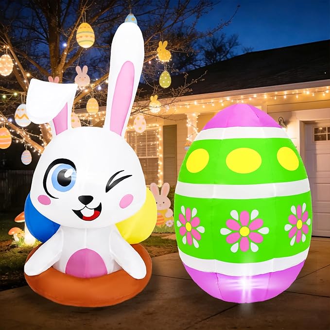 Dearsun 4FT Inflatable Easter Bunny& Egg Blow up Outdoor Yard Decorations, Easter Inflatables with LED Lights for Holiday Party Indoor Outdoor Décor