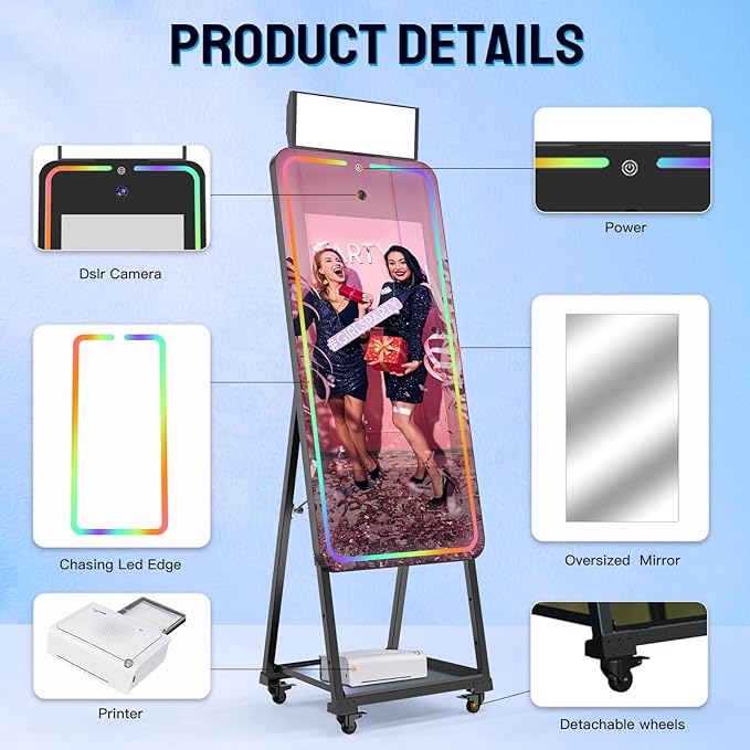 MWE Magic Mirror Photo Booth Machine Touch Screen with Printer,12MP 4K HD Camera,RGB Surround Light Music Sync,Professional Photography Light,Dual System,Software APP Remote Control (47in+Printer)