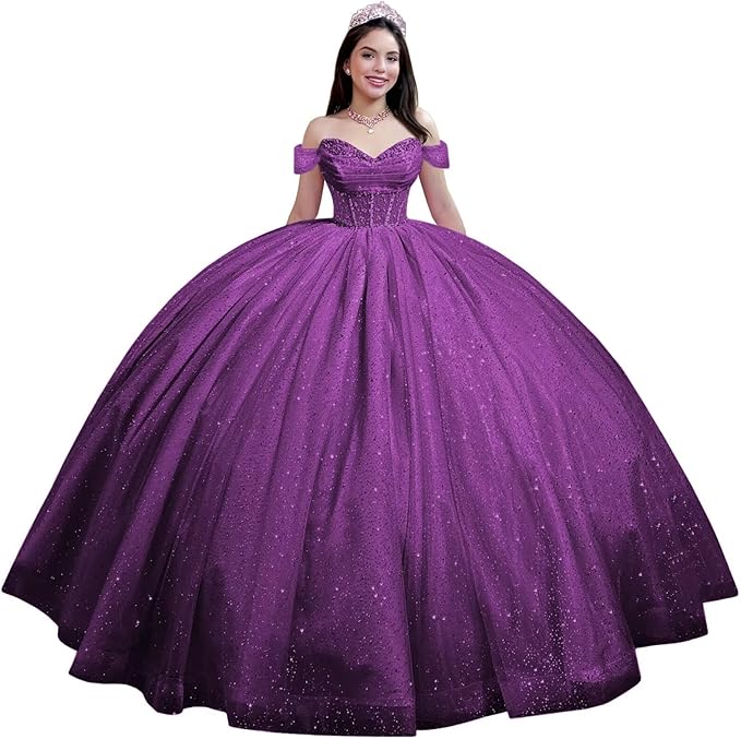 Youjiayi Glitter Tulle Quinceanera Dresses with Train Off Shoulder Beaded Sweet 16 Dresses Pleated Long Ball Gown for Women