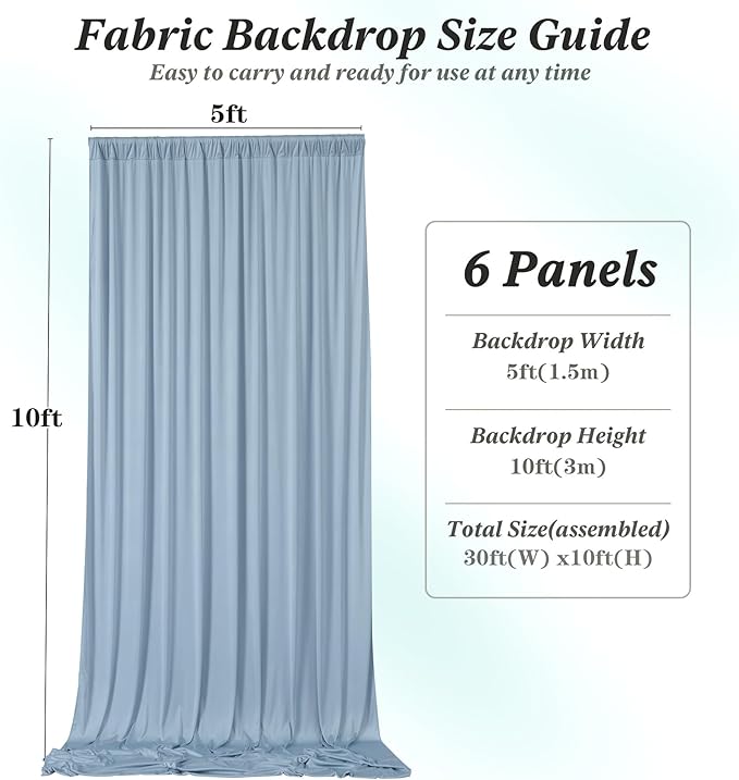 30 ft x 10 ft Wrinkle Free Dusty Blue Backdrop Curtain for Parties, 6 Panels 10ft Polyester Dusty Blue Photo Backdrop Drapes for Graduation Birthday Wedding Party Stage Curtains