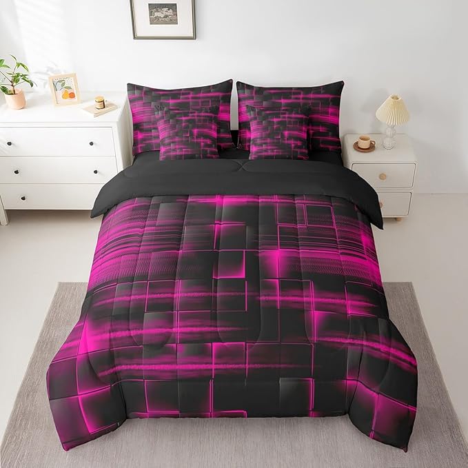 Feelyou Rose Red Black Bedding Set Twin Size Boys Girls Geometric Strip Lines Comforter Set with Sheets 7 Piece for Bed in a Bag Abstract Modern Bed Set with Comforter,Sheets,Pillowcases