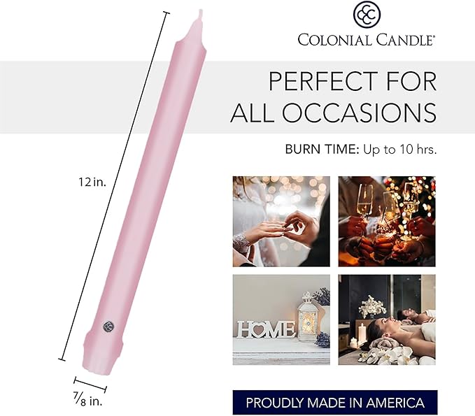 Colonial Candle Unscented Taper Candle, Classic Collection, Persian Pink, 12 in, Pack of 12 - Up to 10 Hours Burn