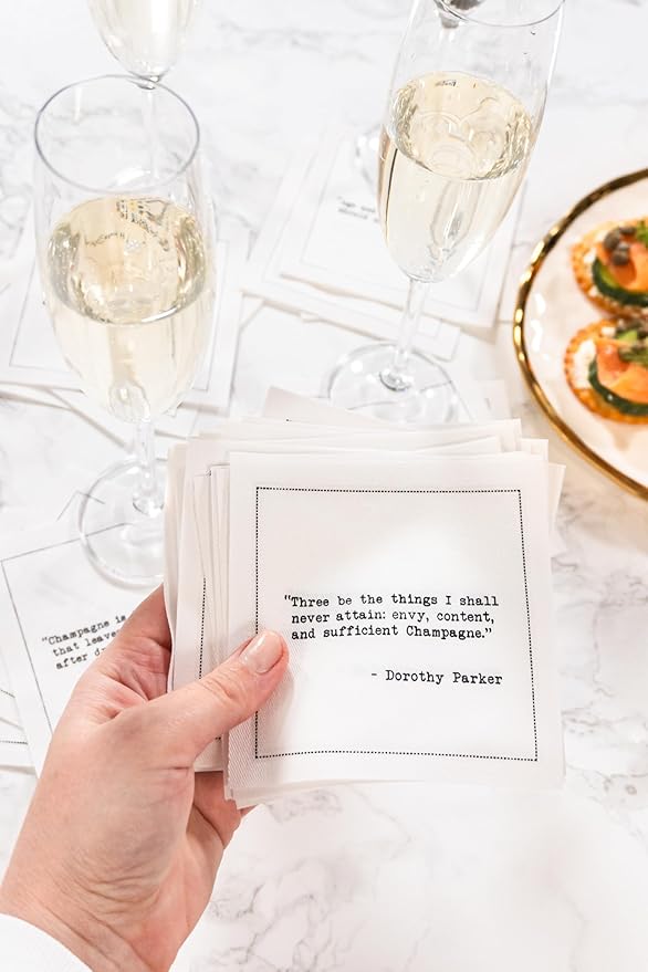 Five Star Funny Champagne Quotes | White Cotton Cocktail Napkins | 50 Luxury Disposable Beverage Napkins with Witty Bar Quotes | Drink Napkins for Parties, Bars, Weddings & Game Nights
