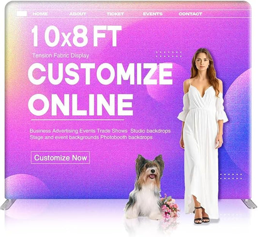 10x8 FT Custom Tension Fabric Backdrop Banner Stand, HD Banner Printing Online Design Tension Fabric Display Stand, Large Portable Trade Show Display Booth for Business, Corporate, Wedding, Mall