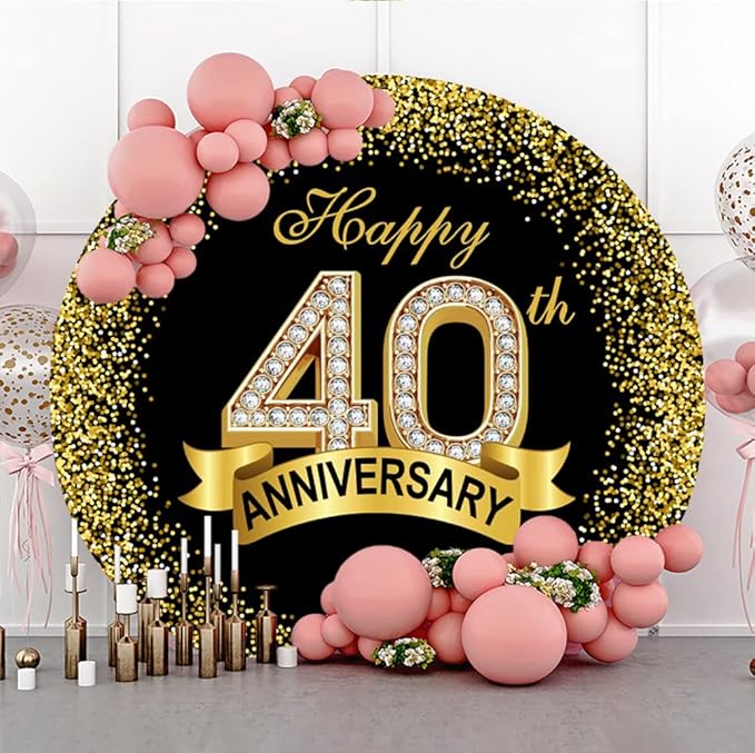 5x5ft Happy 40th Anniversary Round Backdrop Cover Black Gold Happy 40th Years Wedding Anniversary Party Theme Decor Circle Backdrop Background Luxurious Gold Diamond Dots Banquet Decor Prop