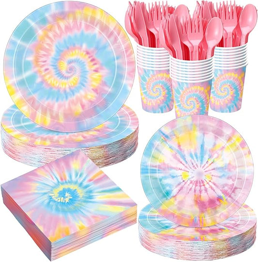 Pickmesh 400 Pcs Tie Dye Party Supplies Set Pastel Include Disposable Paper Plates Napkins Cups Cutlery for Men Women Colorful Dinnerware for Hippie Baby Shower Birthday Party Decorations Serve 50