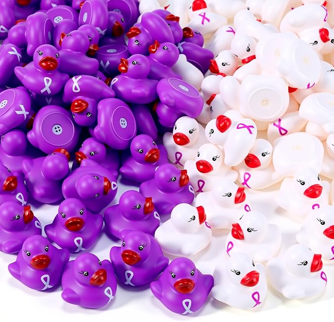 200 Pcs Purple and White Rubber Ducks Cervical Health Alzheimers Awareness Product Domestic Violence Awareness Ribbon Duck Float Mini Bath Toy Bulk Pancreatic Cancer for Charity Event Supplies