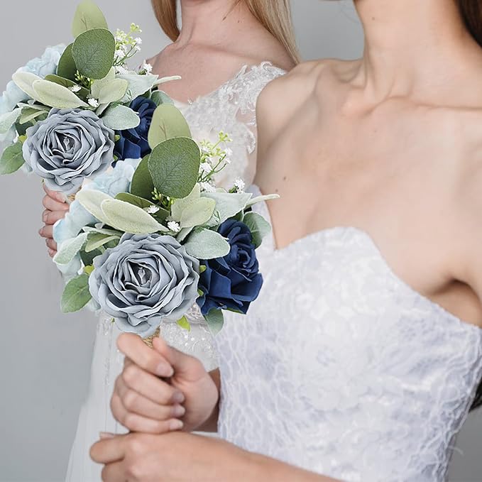 Artificial Bridesmaid Bouquets - Set of 2 Silk Rose Flowers Bouquet Wedding Rustic Small Floral Centerpieces for Marriage Proposal Party Anniversary Dining Table Decorations - Blue,7 Inch