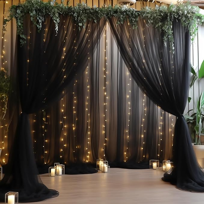 10ft x 10ft Black Backdrop Curtain with Lights String for Parties, Sheer Tulle Wedding Photo Backdrops Drapes for Baby Shower Birthday Party Decorations Background for Photography