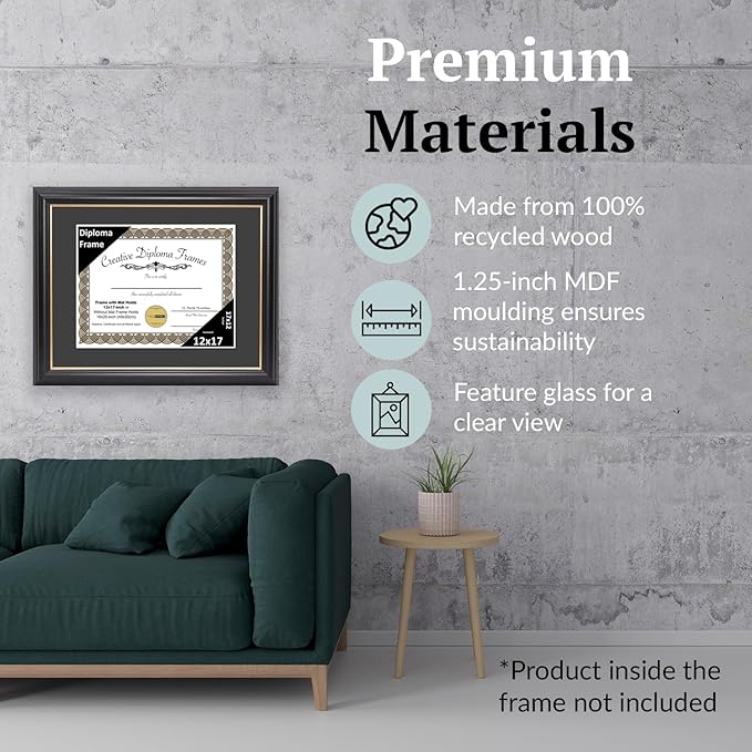 Creative Picture Frames 12" x 17" Rockefeller Black with Gold Rim Diploma Frame, Displays 12" x 17" Certificate or 16" x 20" Document without Mat, College Degree Frame, Full-Strength Glass, Black Mat