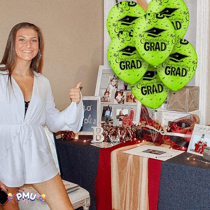 PMU 100 Pcs Lime Green Graduation Balloons Class of 2025 with All-Over Print White Grad Caps-Confetti and Streamers | Graduation Party Supplies | Congratulations Grad Latex Balloons Latex