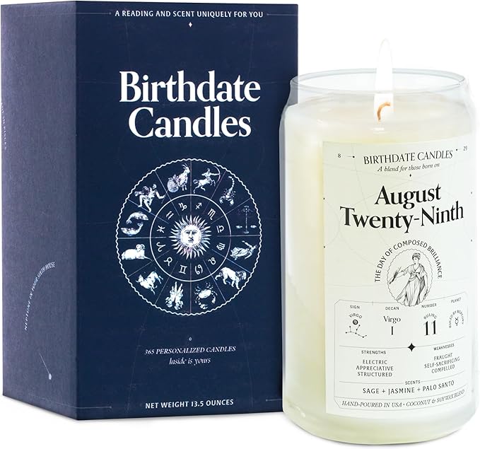 Birthdate Candles, August 29 - Virgo Zodiac Scented Candles Birthday Gift - Sage, Jasmine & Palo Santo Scent - All-Natural Soy & Coconut Wax, 60-80 Hour Burn Time - Made in USA