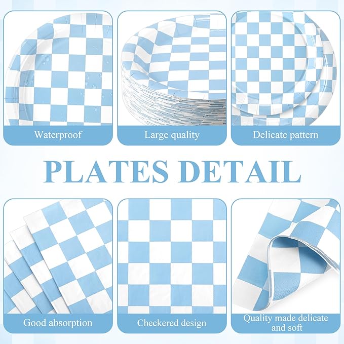 Pickmesh 400 Pcs Blue and White Checkered Party Decorations Set Light Blue Gingham Disposable Paper Plates Napkins Cups Cutlery Plaid Party Decorations for Baby Shower Wedding Birthday Serve 50