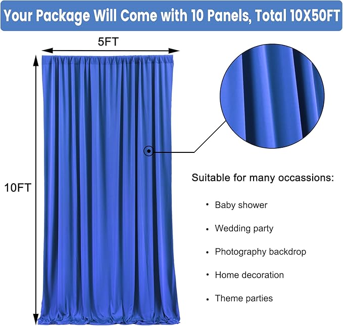 50ft x 10ft Wrinkle Free Royal Blue Backdrop Curtain for Party, Polyester Royal Blue Photo Backdrop Drapes 10 Panels 5x10ft for Birthday Photography Background Weddings Baby Shower Party