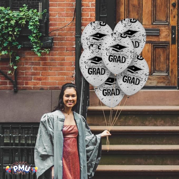 PMU 100 Pcs Silver Graduation Balloons Class of 2025 with All-Over Print White Grad Caps-Confetti and Streamers | Graduation Party Supplies | Congratulations Grad Latex Balloons Latex