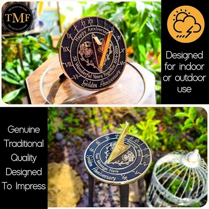 The Metal Foundry Personalized Golden 50th Large Sundial - Recycled Brass Home Decor Or Garden Present Idea Made in The UK for Parents, Grandparents, Friends, Couples 50 Yr Marriage