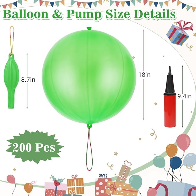 200 Pcs Punch Balloons Heavy Duty Punching Balloon Halloween Party Favors with Rubber Band Handle and Air Pump for Birthday Halloween Goodie Bag Stuffer Supply (Green)