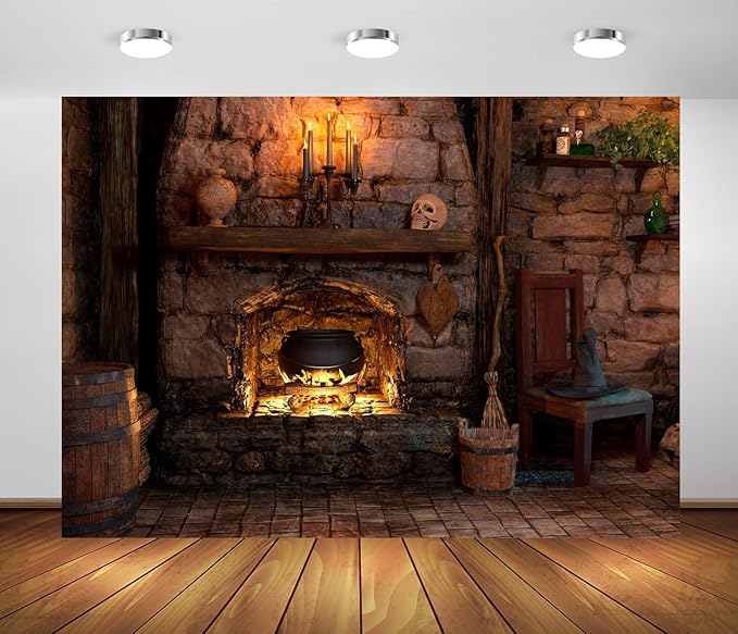 BELECO 12x8ft Fabric Spooky Witch Cottage Backdrop Halloween Witch Cabin Kitchen Fireplace Cauldron Candles Skull Sorcerer Photography Background Witch Party Decorations Photoshoot Studio Props