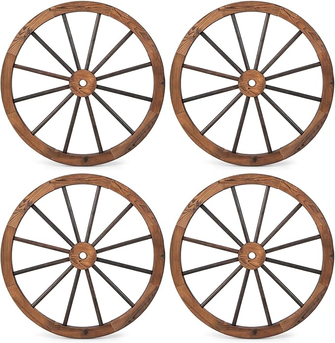 Tangkula 30" Decorative Wooden Wheels Set of 4, Decorative Wall Fir Wood Treated by Carbonization, Vintage Wagon Wheels for Garden, Bar, Restaurant Decoration (4 Pack)