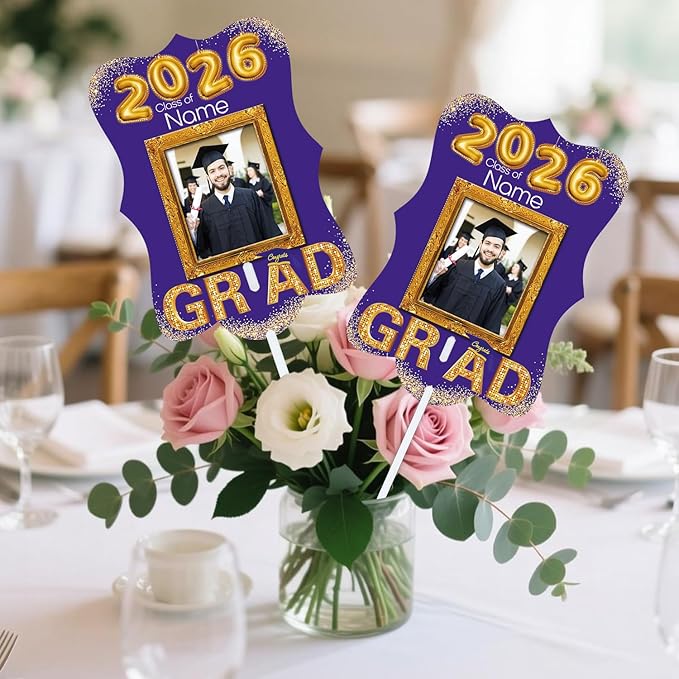 Personalized Graduation Double Sided Face Fan Class of 2026 Customized Graduation Head Face Cutout with Handle Fun Photo Prop Supplies(A-Purple and Gold,24pcs)
