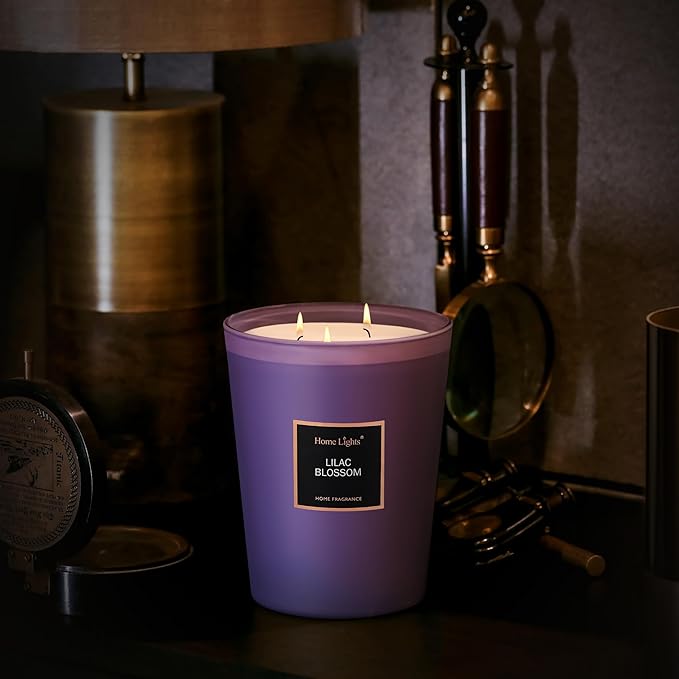 HomeLights Highly Scented Soy Candles Big 33.3 oz for Home. 3 Cotton Wicks, Smokeless Long Lasting 130 hrs in Lilac Blossom. 5x6, Great Gift for Women & Men