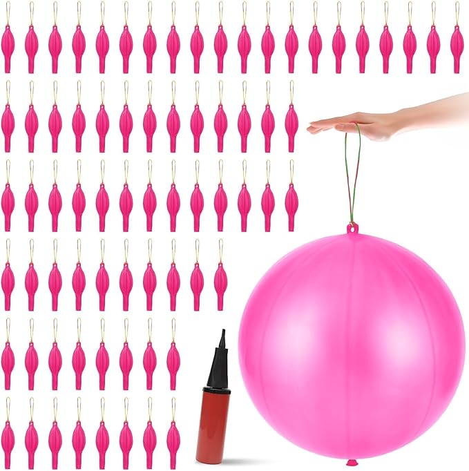 200 Pcs Punch Balloons Heavy Duty Punching Balloon Halloween Party Favors with Rubber Band Handle and Air Pump for Birthday Halloween Goodie Bag Stuffer Supply (Pink)