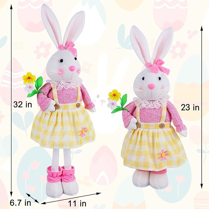 Juegoal 2 Pack Easter Decorations Standing Bunny with Stretchable Legs, 23" to 32" Handmade Easter Rabbit Couple Statues, Cute Photo Props Gifts for Office Kitchen Farmhouse Spring Home