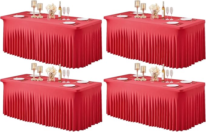 4 Packs Red Table Clothes for 6 Foot Rectangle Tables, Wrinkle Resistant Stretch Spandex Table Covers Fitted Tablecloth with Skirt for Valentines Event Banquet Wedding Birthday Party