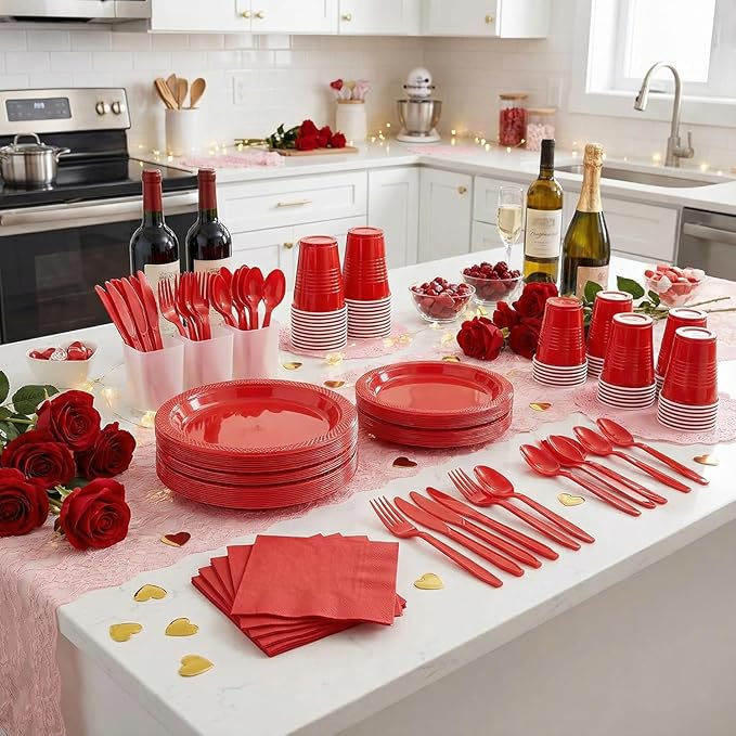 MirthMood 350PCS Red Disposable Plastic Plates,Red Dinnerware Set Includes 50 Dinner Plates, 50 Salad Plates, 50 Sets of Silverware, 50 Napkins and 50Pcs 12OZ Plastic Cups