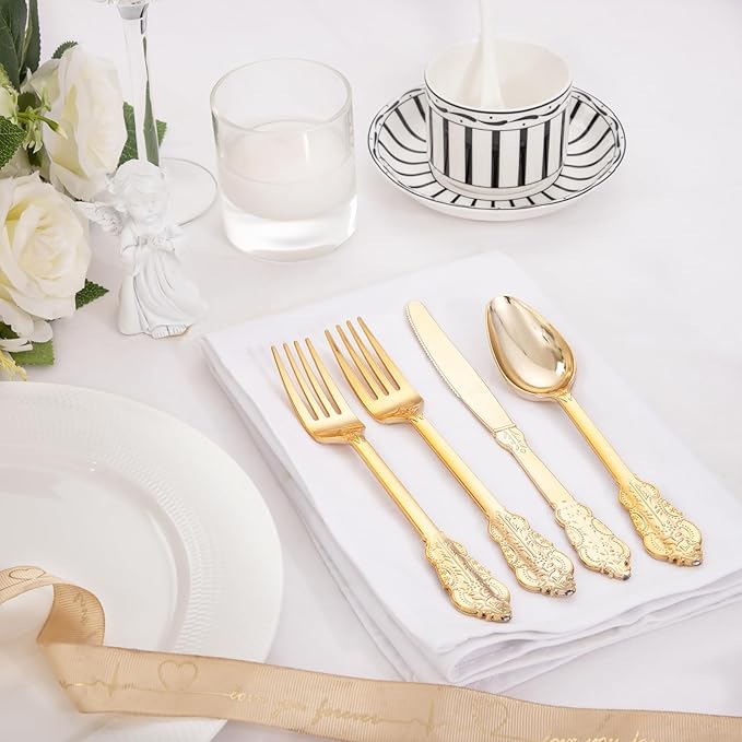 Supernal 360pcs Gold Plastic Silverware,Disposable Silvereware Heavy Duty, Gold Plastic Cutlery, 120 Plastic Forks and Spoons,Knives Perfect for Birthday, Wedding Halloween Thanksgiving Chirstmas