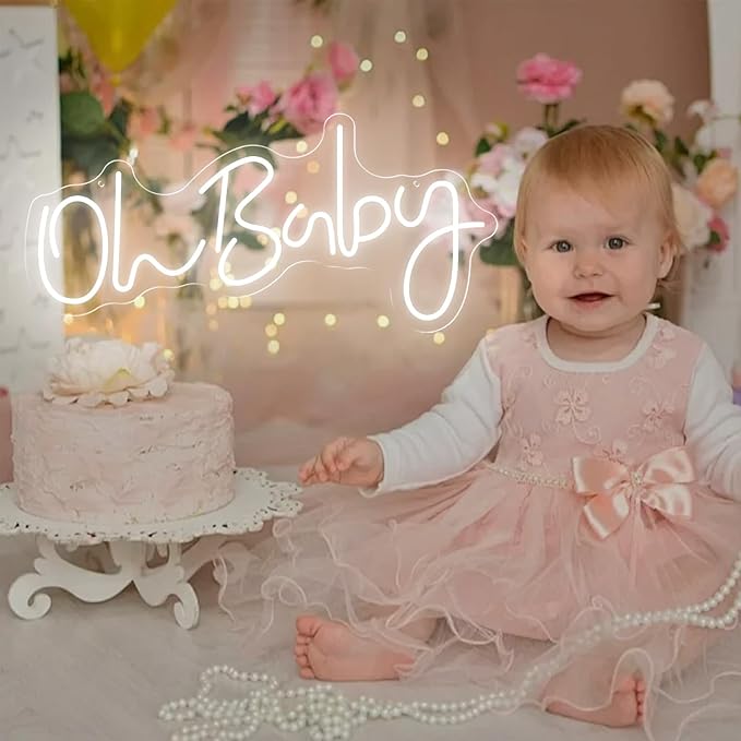 HMT Oh Baby Neon Sign for Backdrop Wall Decor Large Size 19.6×8.6 Inch LED Neon Lights for Baby Shower Decorations Boy and Girl Room Decor LED Light Up Sign for Party Decorations Photo Prop USB (White)