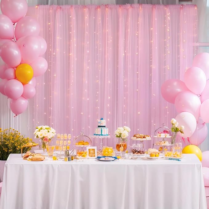 30x10ft Baby Pink Tulle Backdrop Curtain with Lights String for Parites, Sheer Photo Backdrop Curtains with Lights for Wedding Backdrop Ceremony Reception Bridal Shower Baby Shower Birthday Party