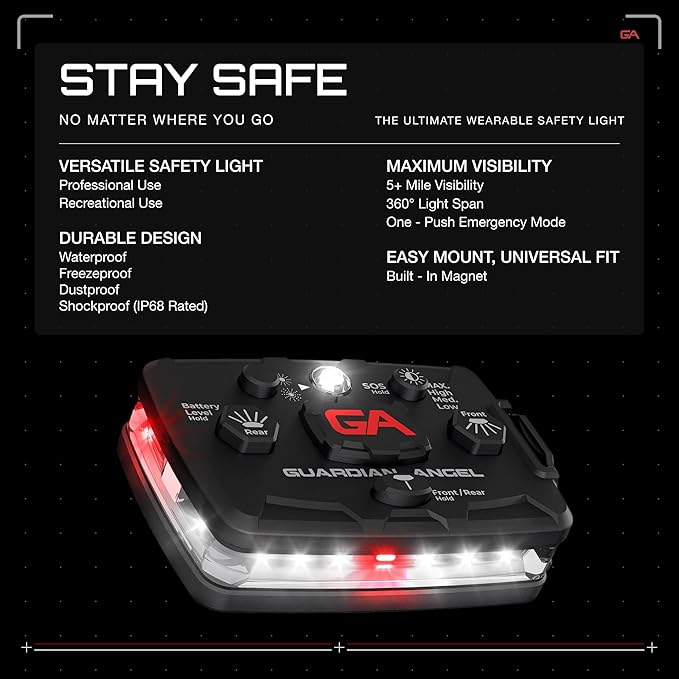 Guardian Angel Elite Series Safety Light, Beacon Device (White Front & White/Red Rear) Rechargeable, Magnetic, Hands-Free Wearable & Mountable LED Flashlight For First Responders, Firefighter & Rescue