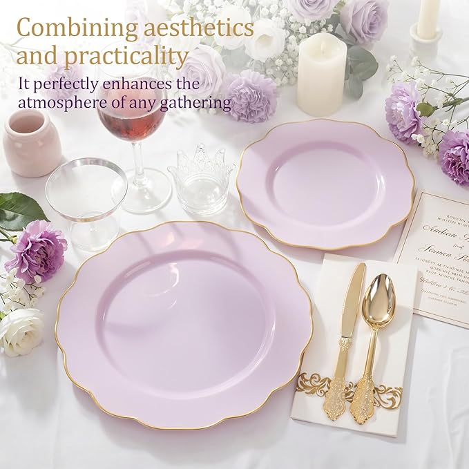NOCCUR 175PCS Purple Plastic Plates with Gold Disposable Silverware - Include 50 Lavender and Gold Plastic Plates,25 Knives,25 Forks,25 Spoons,25 Cups and 25 Napkins - Ideal for Wedding/Spring Party