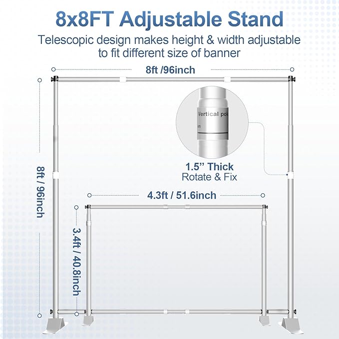 8 x 8FT Backdrop Banner Stand, Heavy Duty Adjustable Photo Background Support Frame Kit, Step and Repeat Stand for Photo Booth, Parties, Exhibition, Trade Show, Wedding - Silver