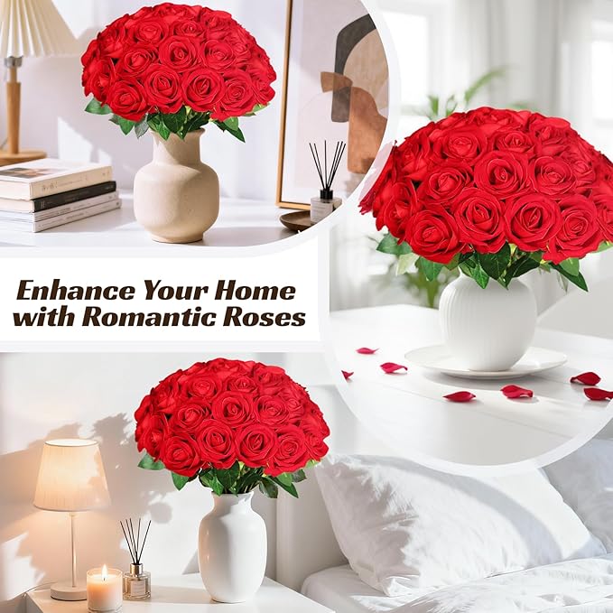 100 Pcs Fake Red Roses Artificial Flowers Bulk, Faux Velvet Silk Rose Bouquet with Long Stems Real Look for Wedding Party Centerpieces Vases Decor