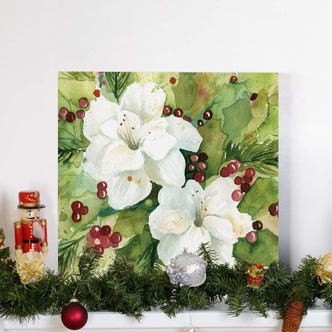 Renditions Gallery Holly Leaves Wall Art, Christmas & Winter Artwork, Festive Red & Green, Flowers, Floral, Premium Gallery Wrapped Canvas Decor, Ready to Hang, 40 in H x 40 in W, Made in America