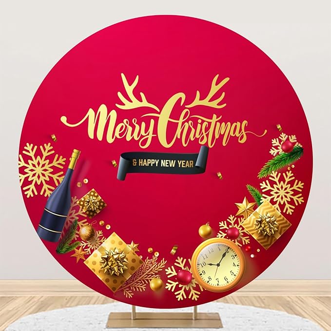 YongFoto Merry Christmas Round Backdrop Cover 5ft Champagne Gift Box Clock Snowflakes Red Gold Background Xmas Eve Happy New Year's Night Festival Carnival Family Celebration Party Banquet Decor