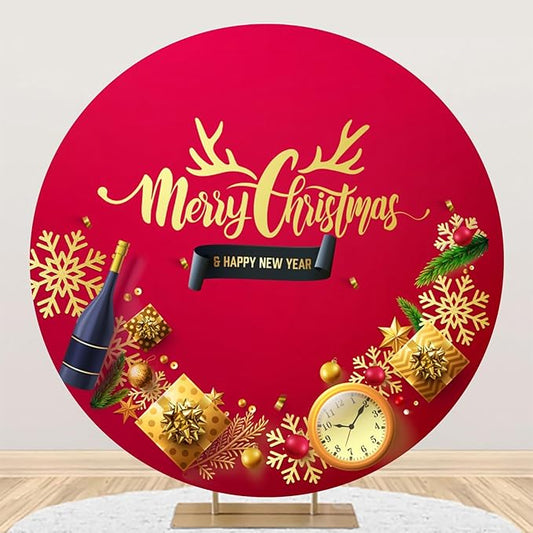 YongFoto Merry Christmas Round Backdrop Cover 6ft Champagne Gift Box Clock Snowflakes Red Gold Background Xmas Eve Happy New Year's Night Festival Carnival Family Celebration Party Banquet Decor